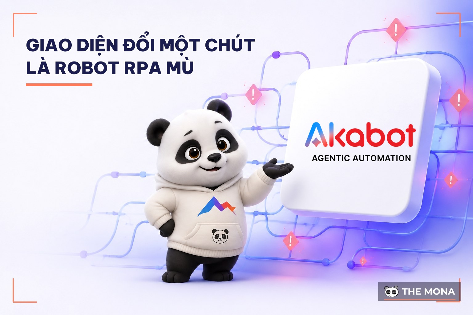 Gấu MONA đứng cạnh khối logo akaBot và mạng lưới kịch bản robot đang rối