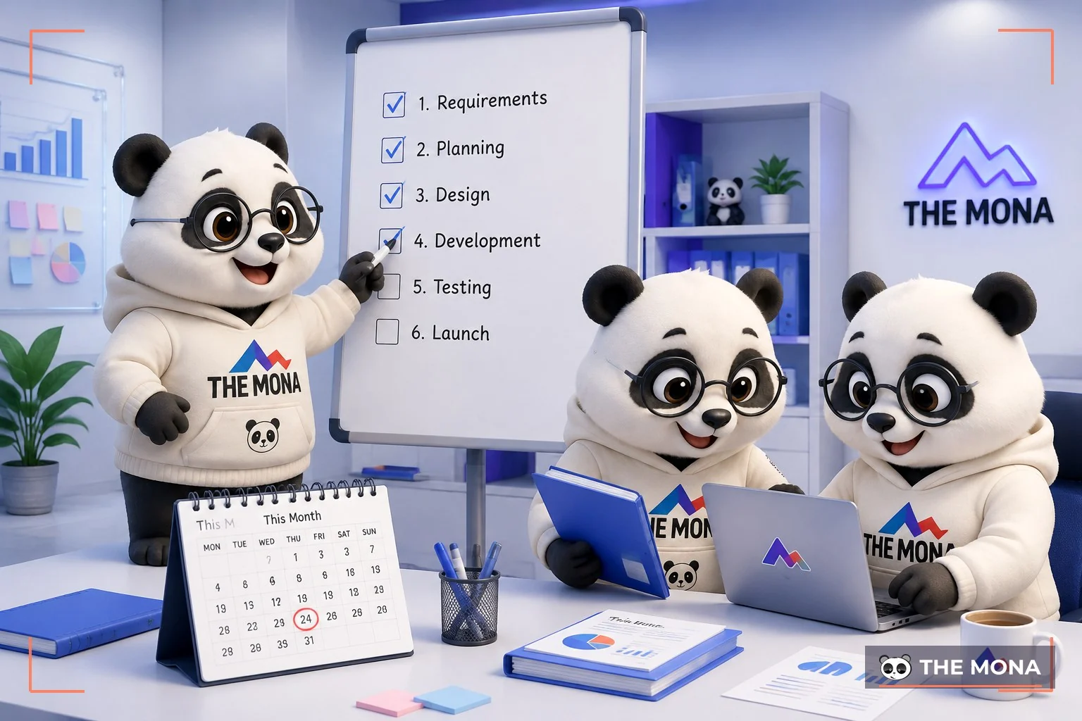 Gấu MONA tick dòng thứ tư trên bảng sáu việc, hai dòng cuối còn trống