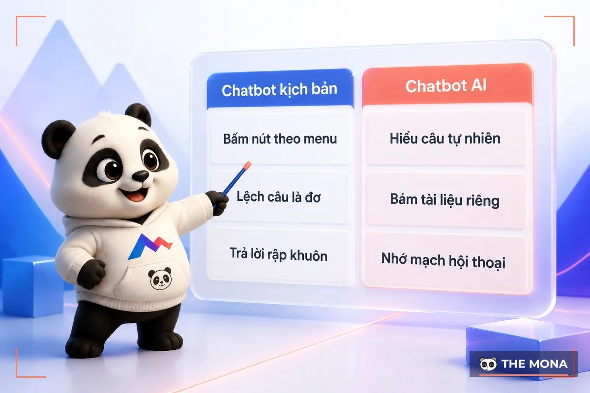 Gấu MONA chỉ bảng so sánh chatbot kịch bản và chatbot AI