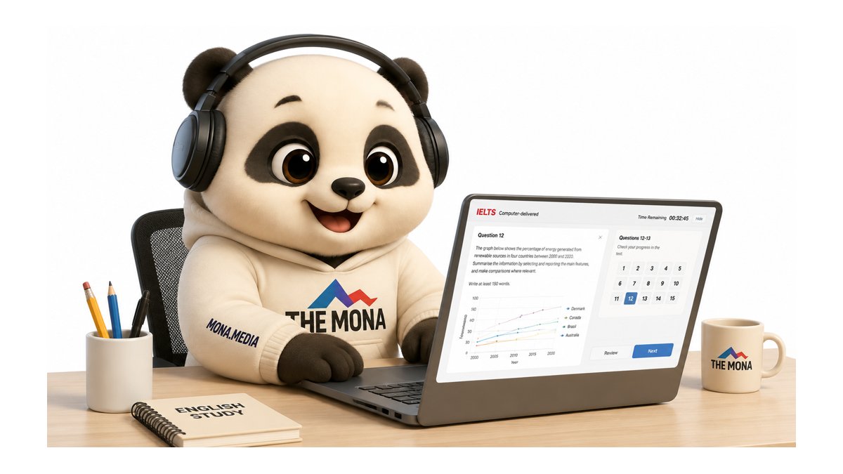 Gau MONA thi IELTS tren may tinh giao dien computer-delivered (AI-generated illustration)