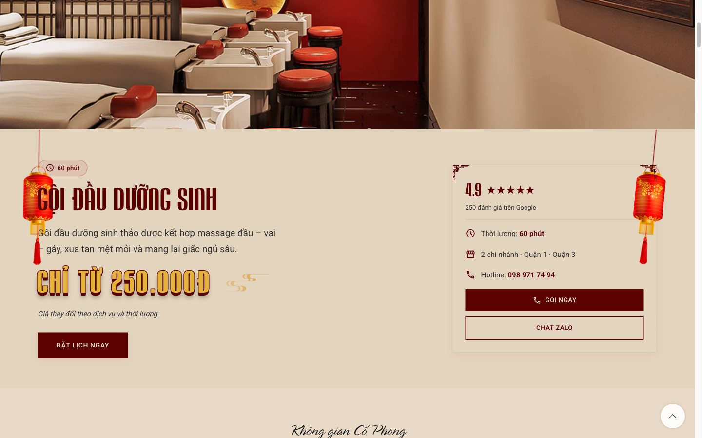 Điểm nhấn giao diện 2 website Massage Cổ Phong - Website và digital marketing cho chuỗi massage dưỡng sinh