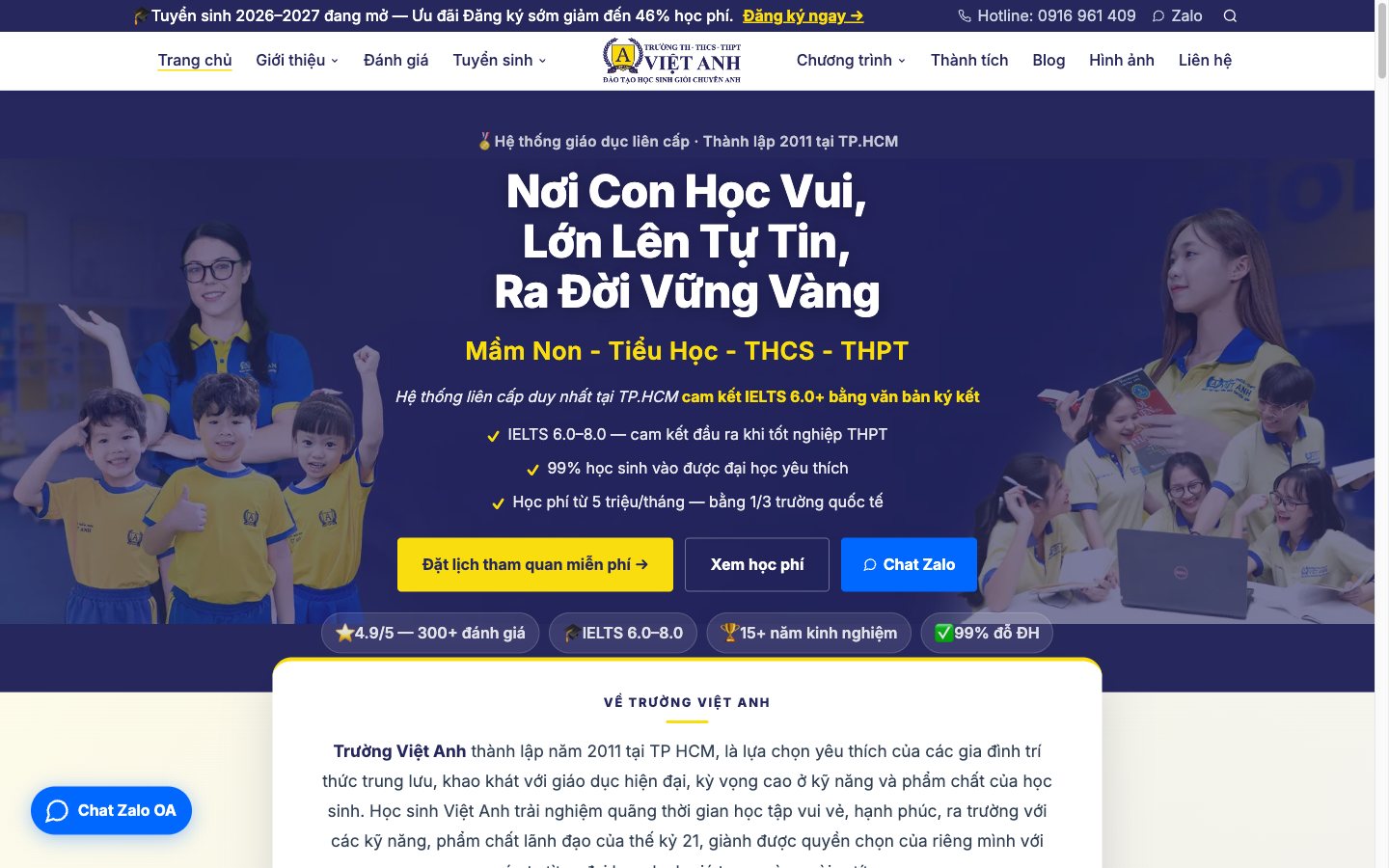 Điểm nhấn giao diện 1 website Trường Việt Anh - Website tuyển sinh cho hệ thống trường liên cấp