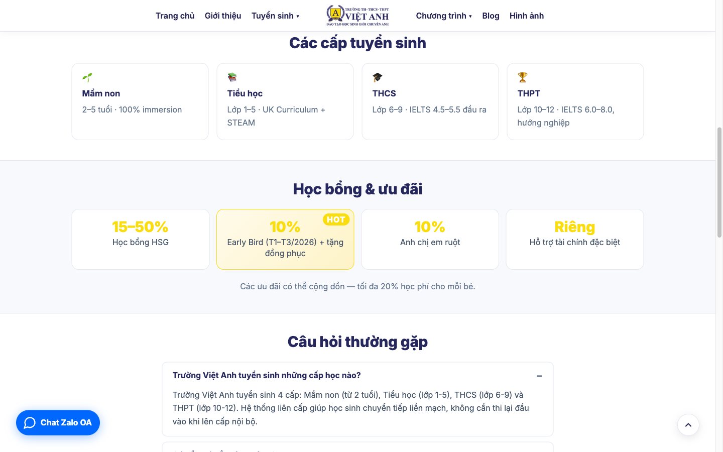 Trang 5 website Trường Việt Anh - Website tuyển sinh cho hệ thống trường liên cấp