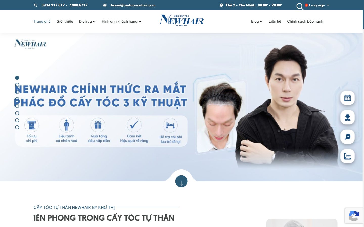 Điểm nhấn giao diện 1 website NewHair by Khơ Thị - Website viện cấy tóc tự thân