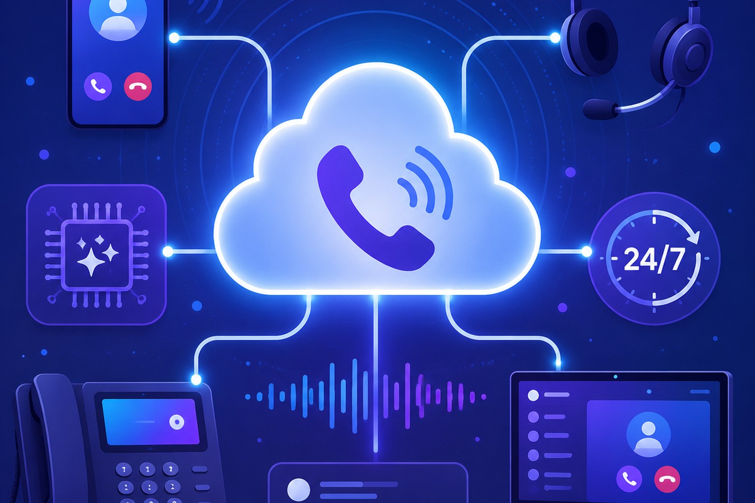 Tổng đài ảo trên nền cloud tích hợp AI trực 24/7, minh hoạ flat vector (AI-generated illustration)