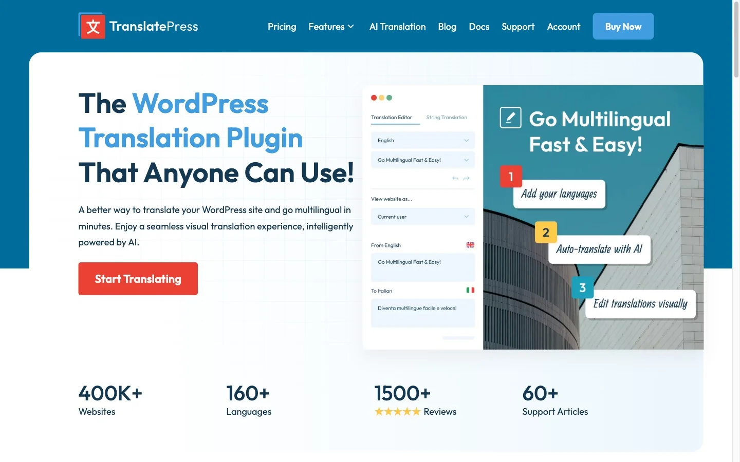 Trang chủ TranslatePress, plugin dịch trực quan cho WordPress
