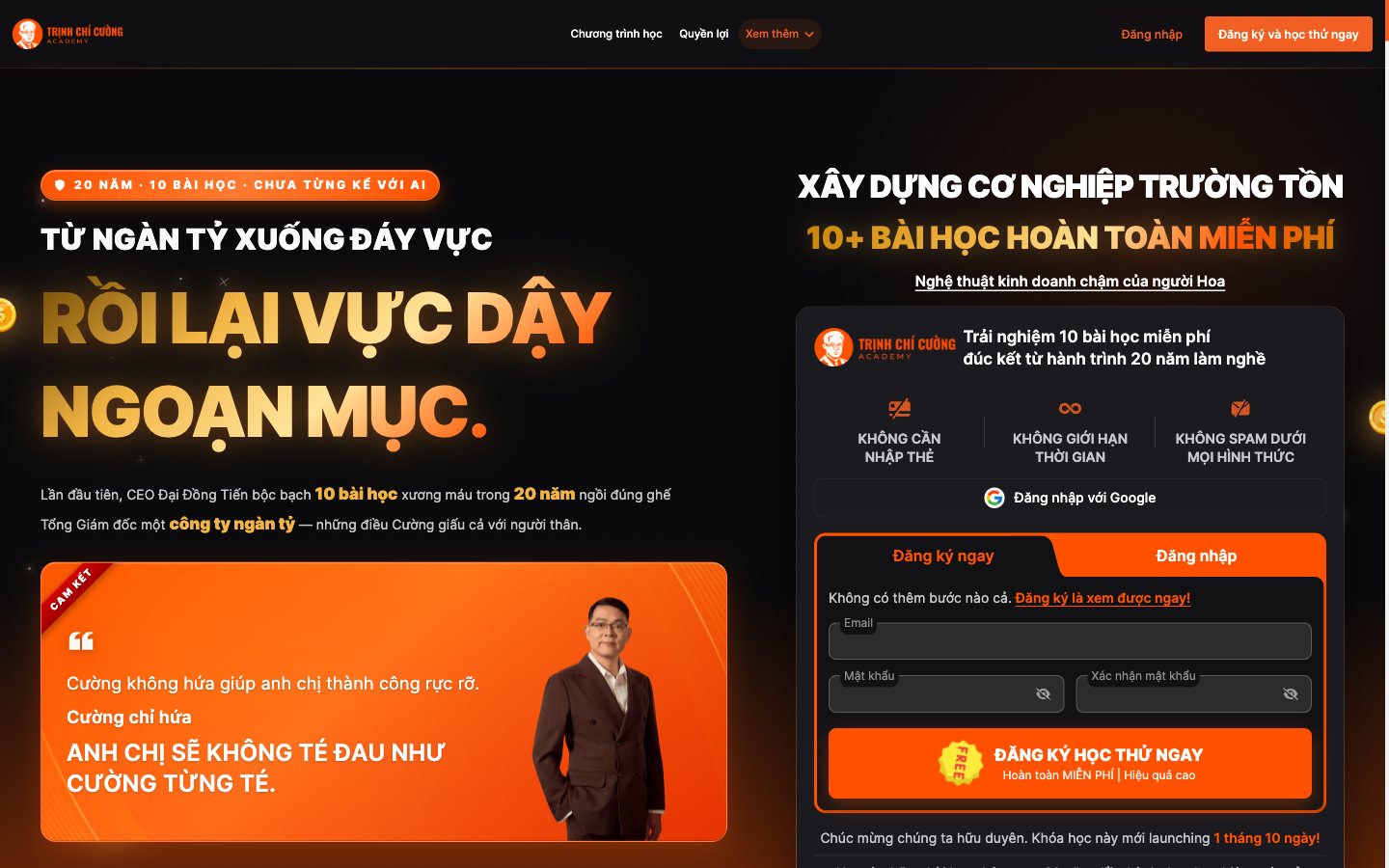 Điểm nhấn giao diện 1 website Trịnh Chí Cường Academy - Hệ sinh thái khoá học cho CEO Đại Đồng Tiến