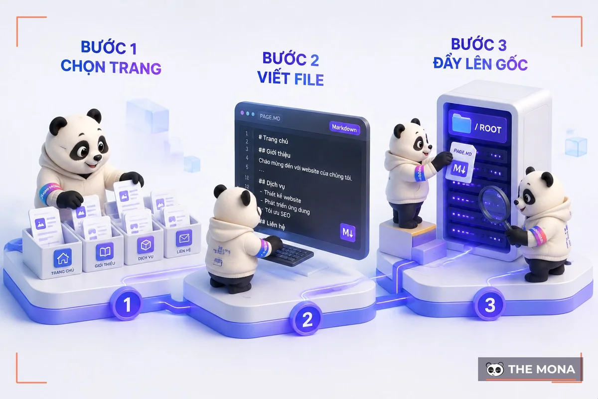 Đội gấu MONA làm ba bước chọn trang, viết file và đẩy llms.txt lên thư mục gốc