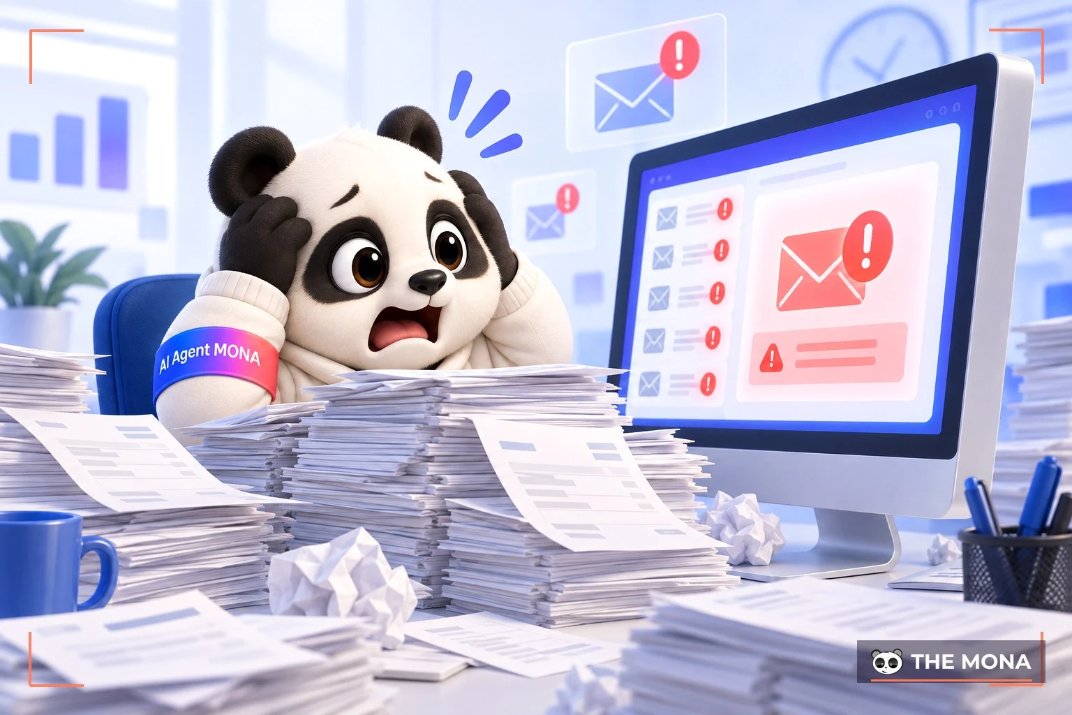 gấu mona căng thẳng nhìn màn hình lỗi gửi email