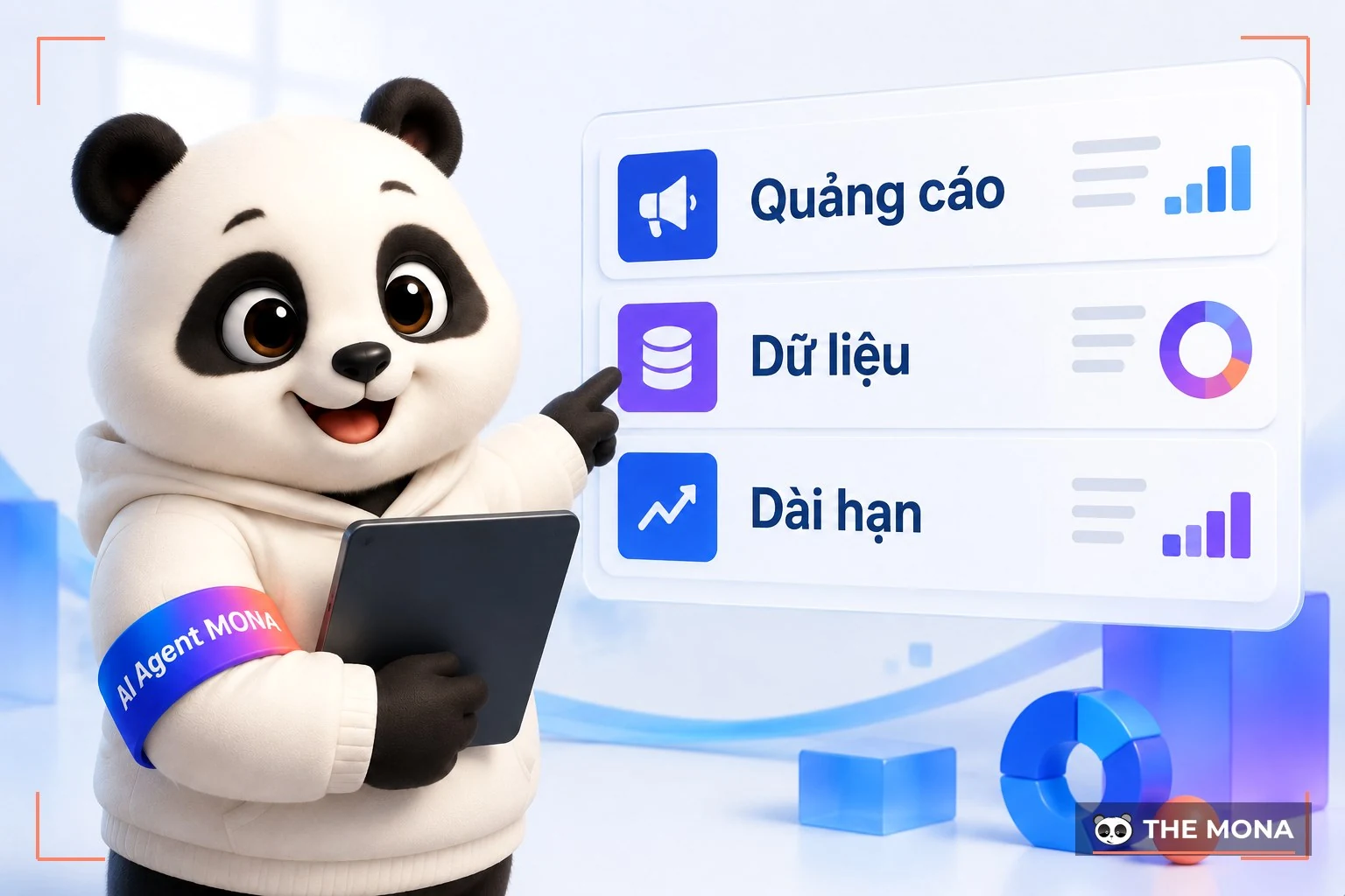Gấu MONA chỉ bảng ba dấu hiệu quảng cáo, dữ liệu, dài hạn