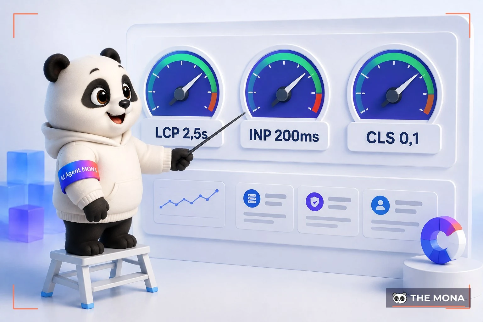 Ba đồng hồ đo Core Web Vitals với ngưỡng LCP 2,5 giây, INP 200ms và CLS 0,1 kim ở vùng xanh
