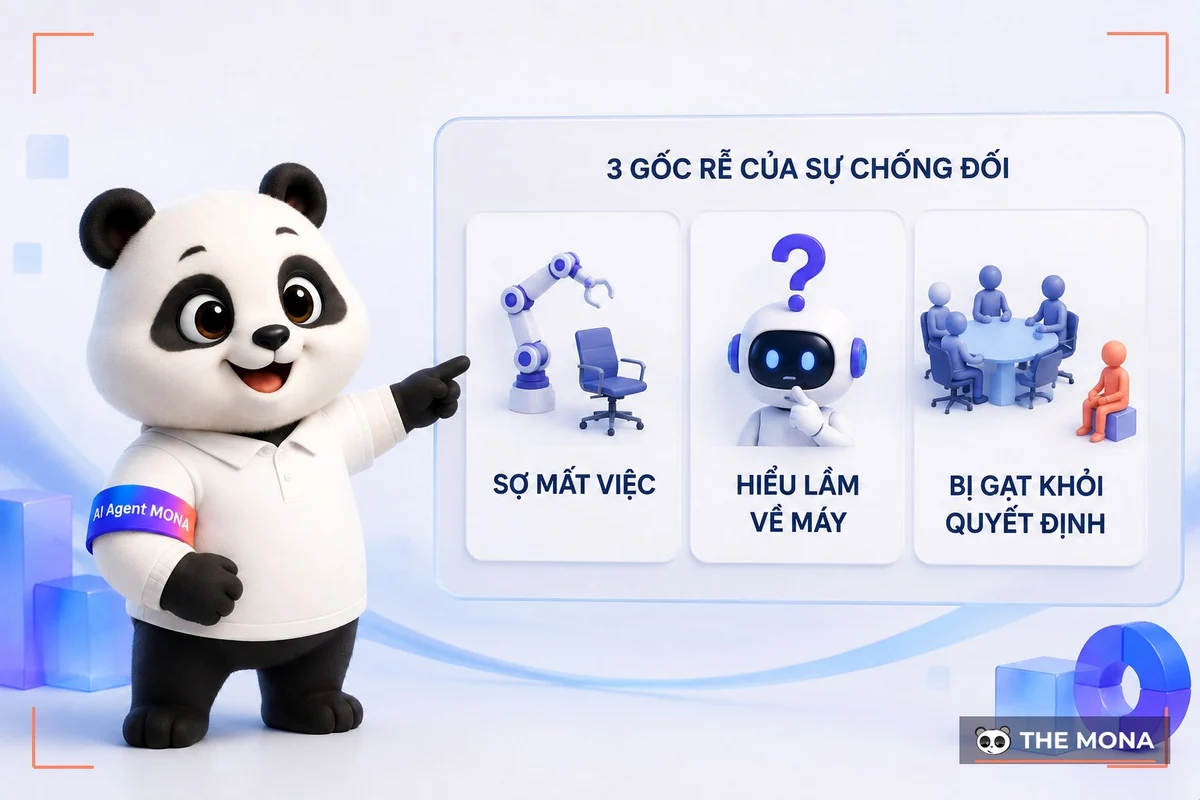 Gấu MONA chỉ vào bảng ba gốc rễ khiến nhân viên chống đối tự động hóa