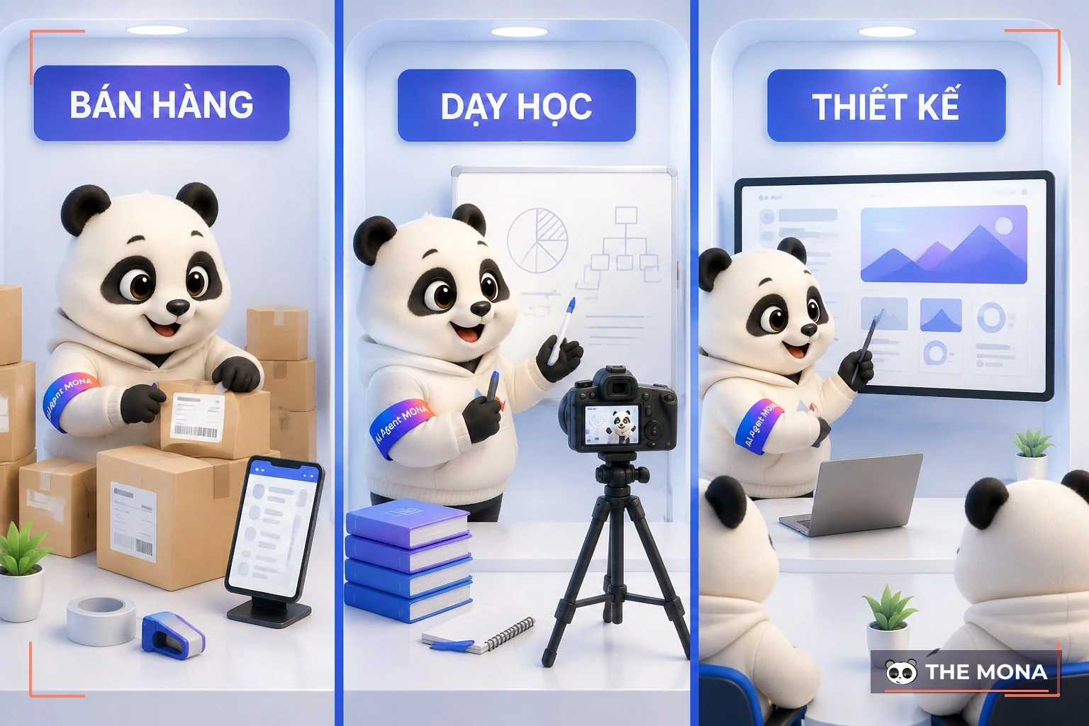 Ba khoang minh hoạ ba nhóm khách kinh doanh một mình: đóng gói đơn hàng, đứng lớp dạy học, trình bày thiết kế