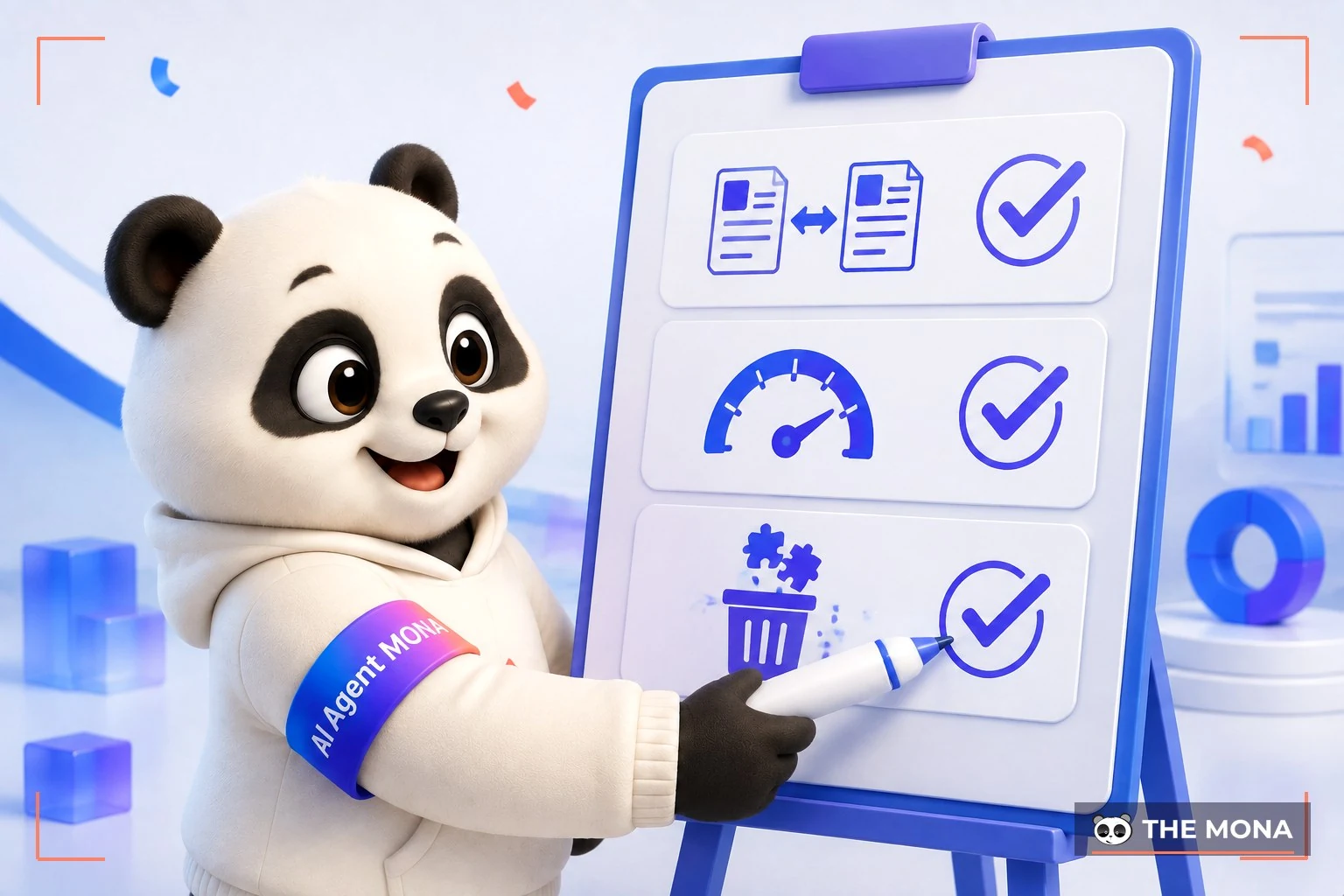 Gấu MONA đánh dấu hoàn thành ba việc kiểm tra index, đo tốc độ và dọn plugin thừa cho website trong tuần