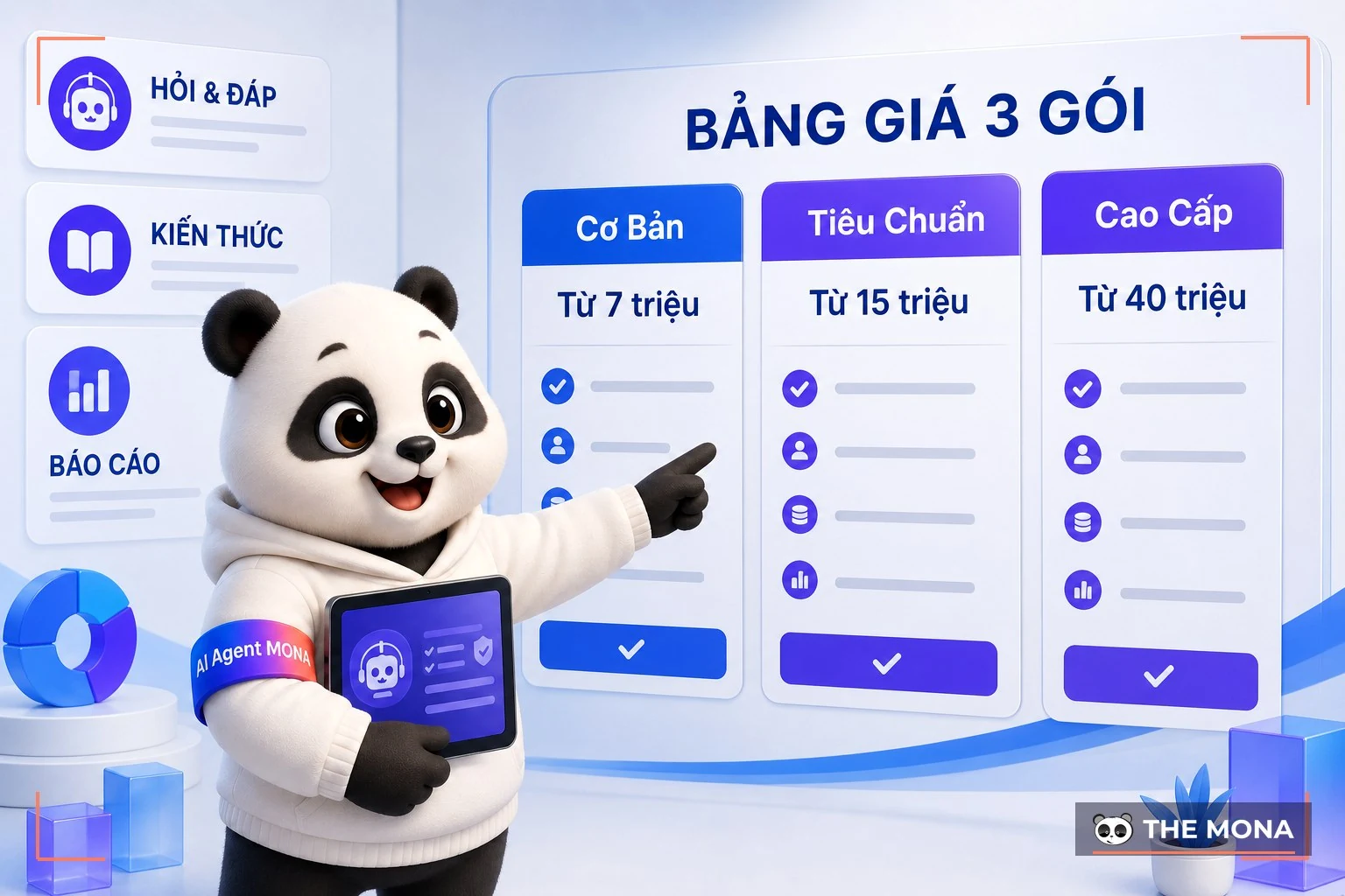 Gấu MONA chỉ bảng ba gói từ 7, 15 và 40 triệu đồng