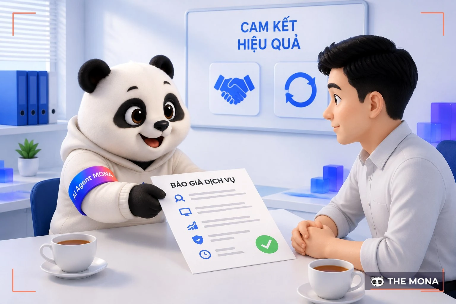 Gấu MONA trao bảng báo giá ghi rõ từng hạng mục kèm dấu cam kết cho chủ doanh nghiệp tại bàn họp