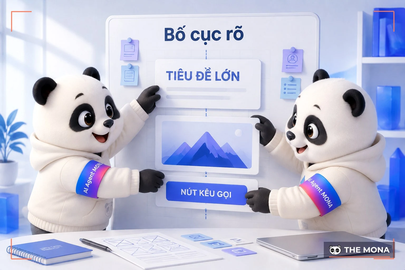 Hai gấu MONA sắp tiêu đề lớn, ảnh và nút thành một trục dọc