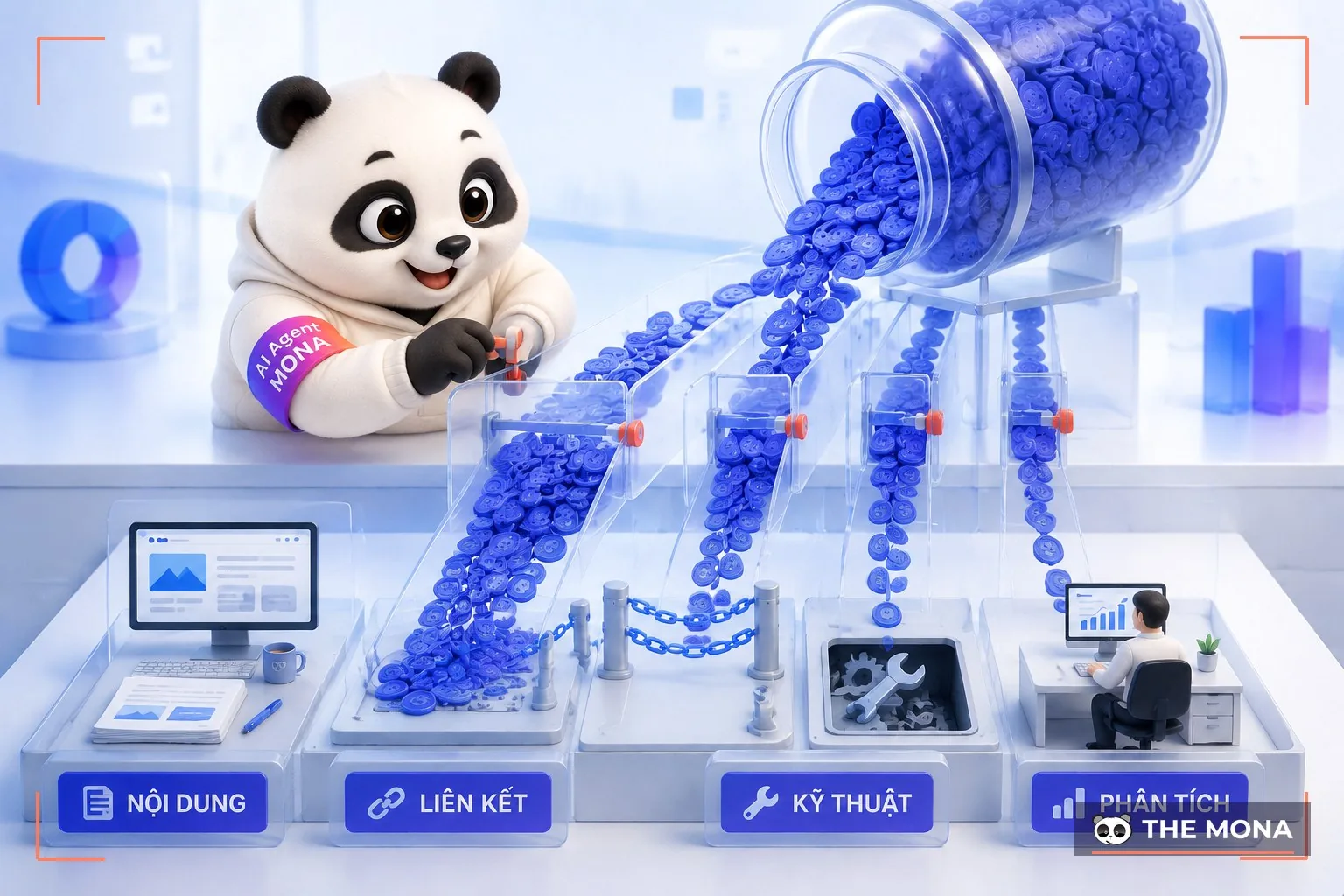 Ngân sách SEO chia vào bốn kênh nội dung, liên kết, kỹ thuật và người theo dõi với độ rộng khác nhau