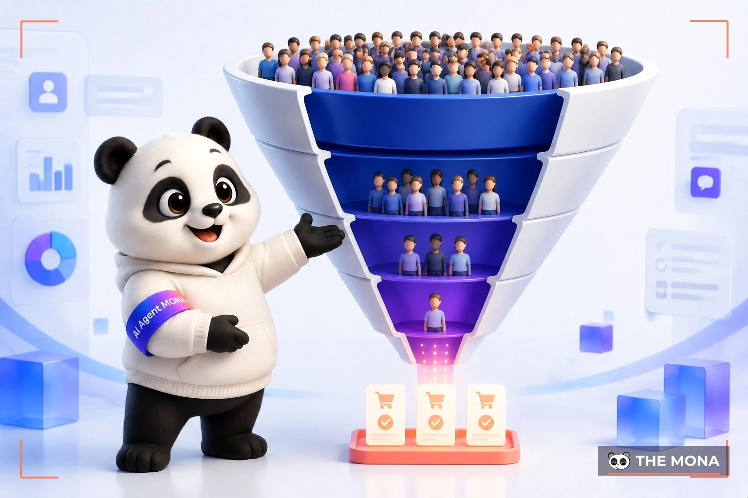 Mô hình phễu marketing bốn tầng thu hẹp dần từ đám đông người lạ xuống còn vài đơn hàng chốt được ở đáy