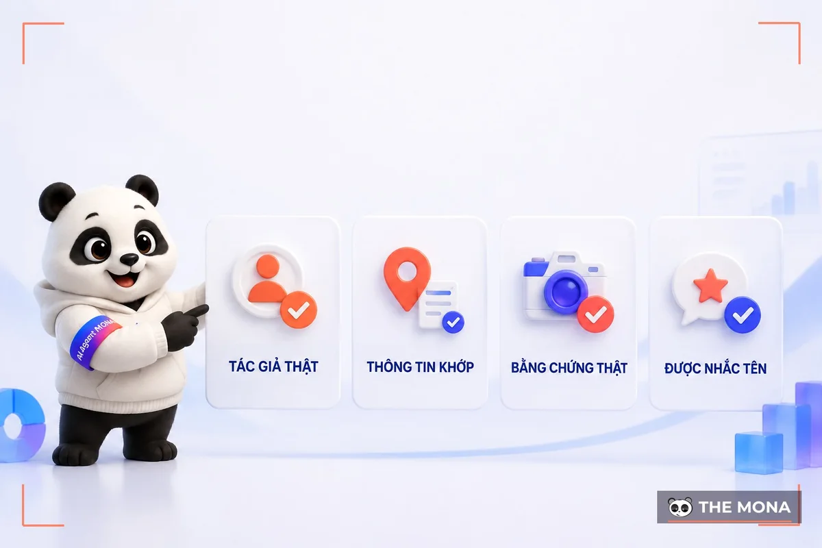 Bốn thẻ tín hiệu E-E-A-T gồm tác giả thật, thông tin khớp, bằng chứng và nhắc tên