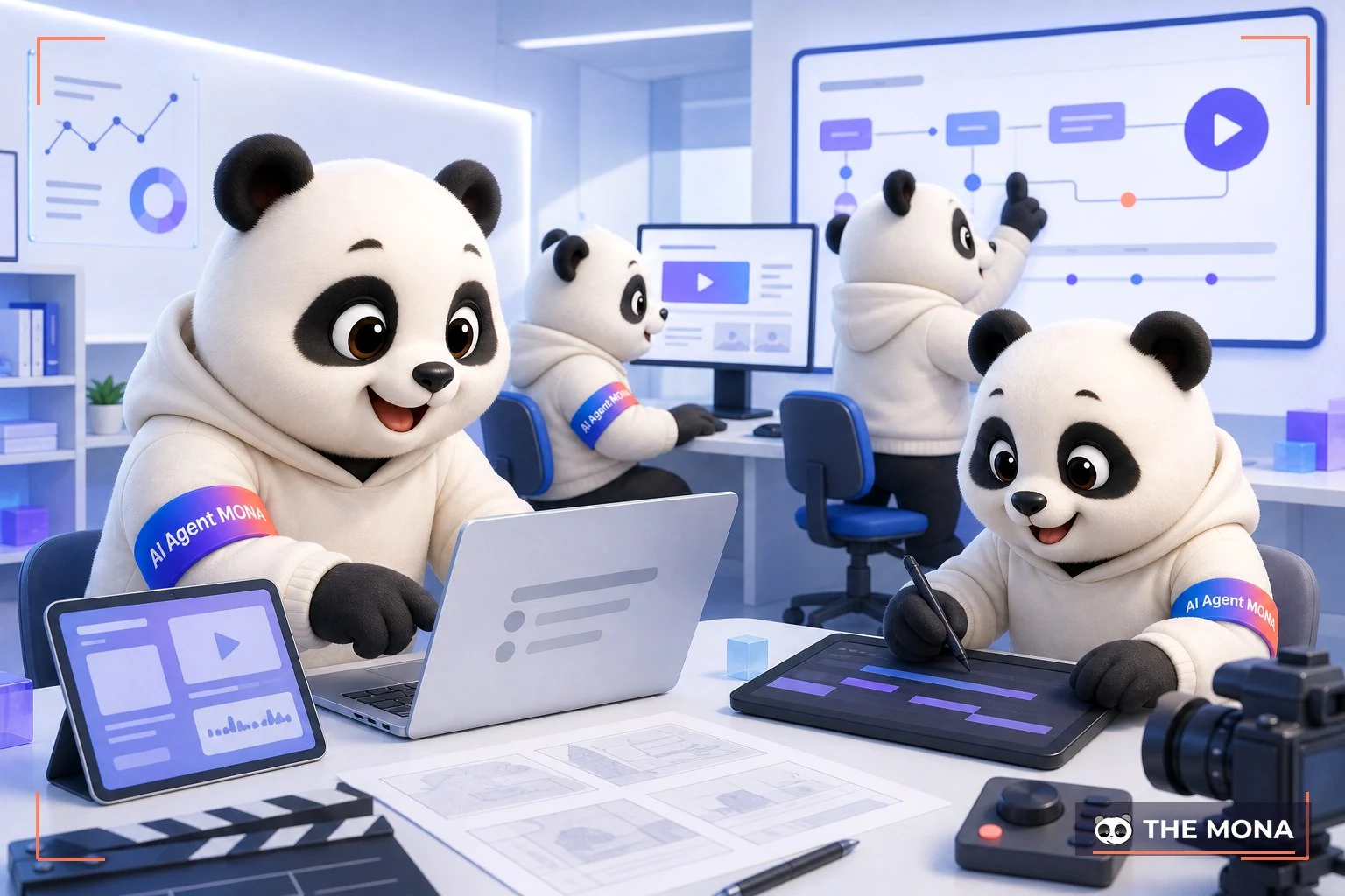 Đội gấu MONA đang thực hiện khám phá sức mạnh của kling cách làm video thật dễ dàng trong bối cảnh làm việc thực tế