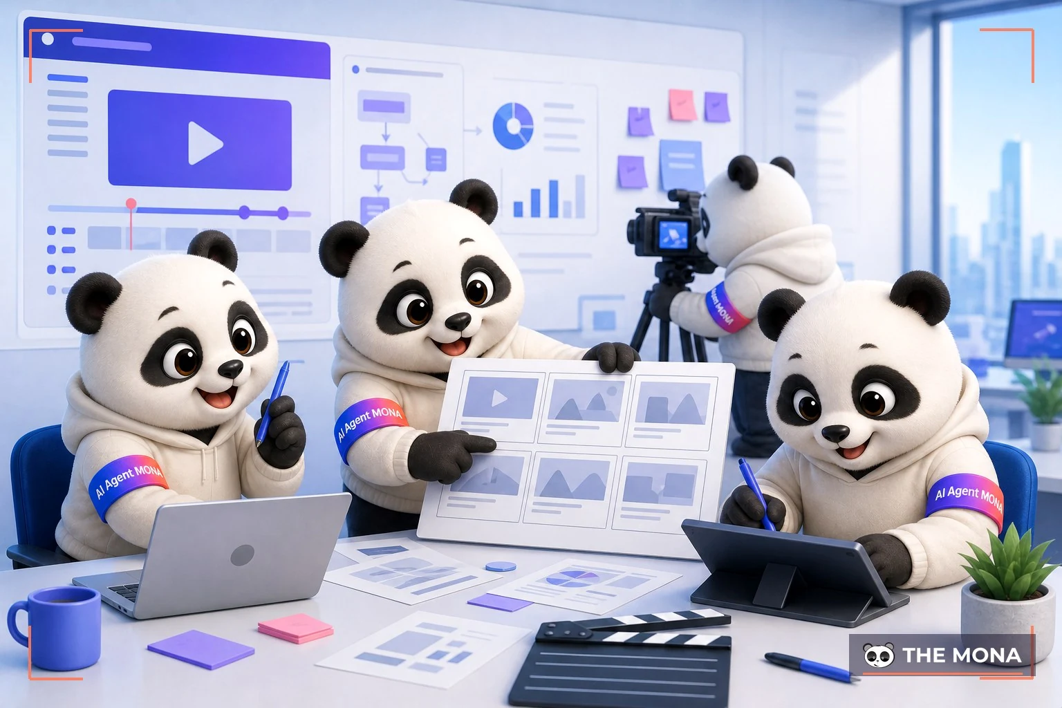 Đội gấu MONA đang thực hiện mẹo tạo kịch bản video ấn tượng trong 5 phút trong bối cảnh làm việc thực tế