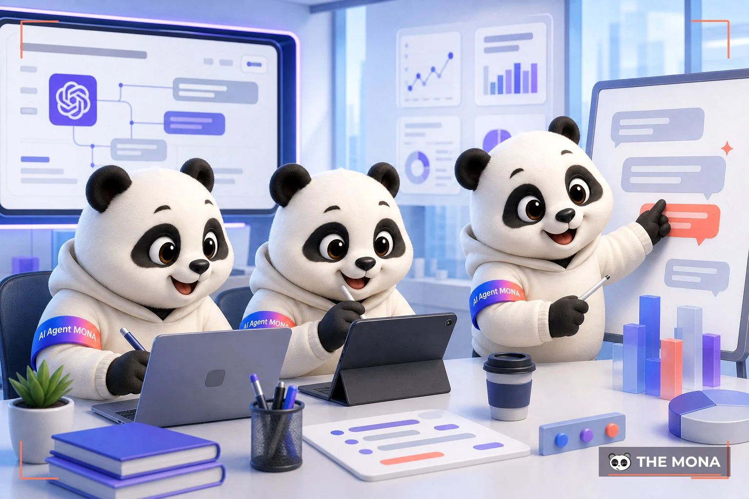 Đội gấu MONA đang thực hiện khám phá bí quyết prompt chatgpt giúp giao tiếp hiệu quả trong bối cảnh làm việc thực tế