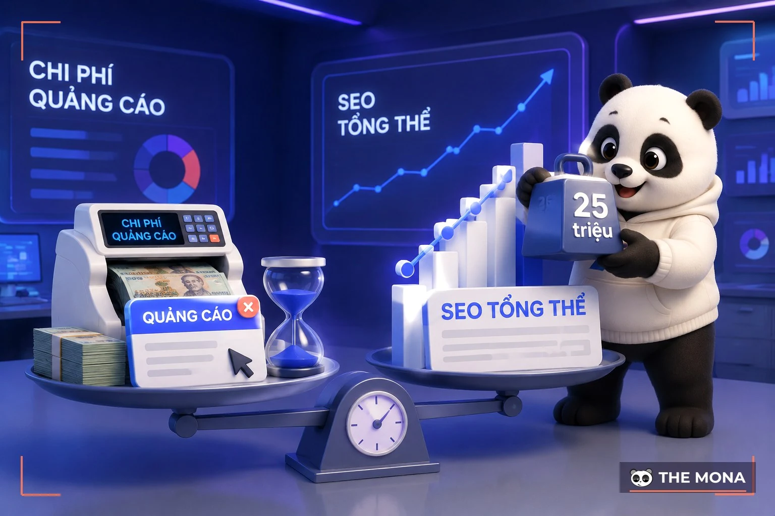 Gấu MONA đặt quả cân so sánh ngân sách quảng cáo và SEO