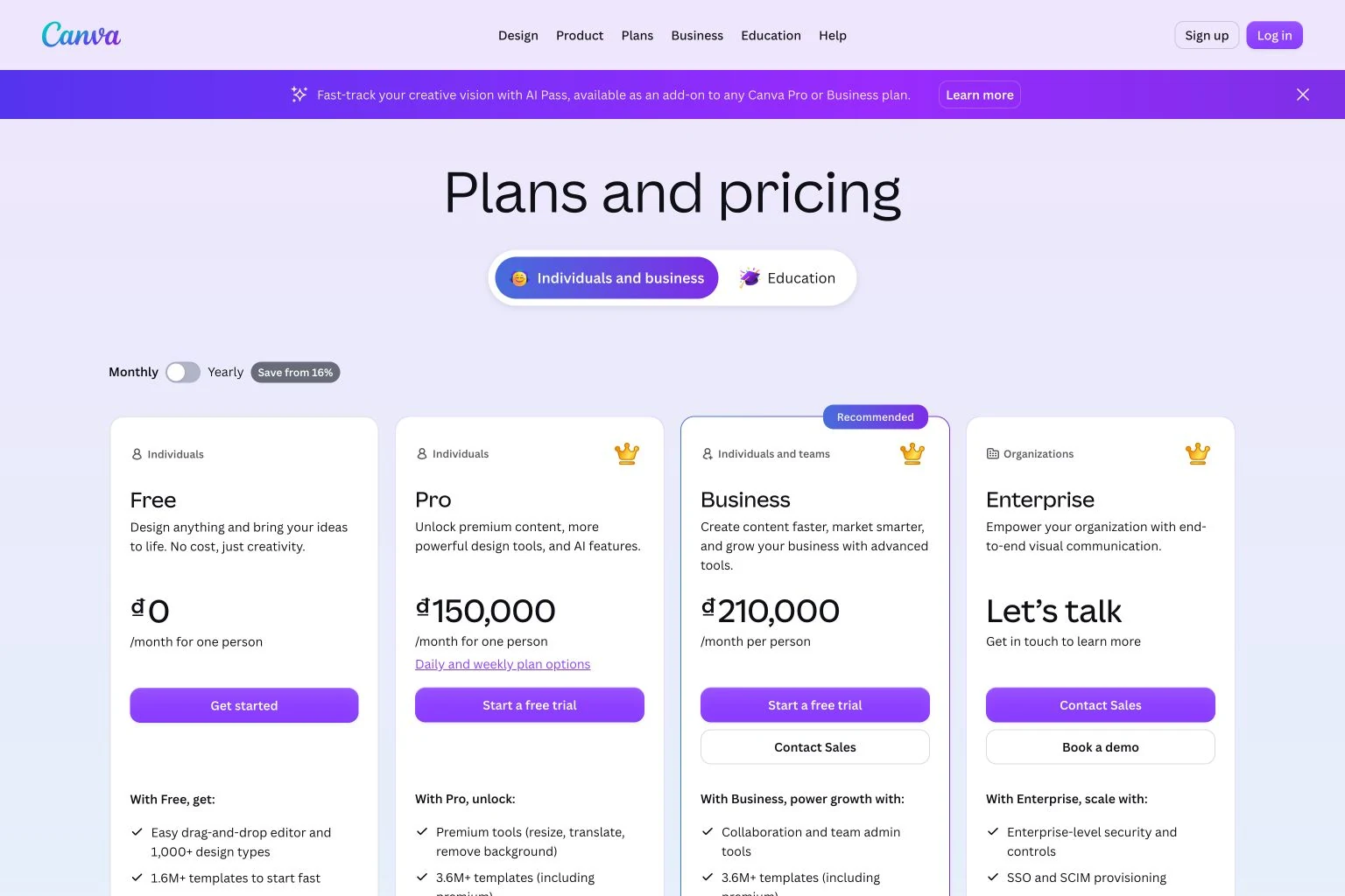 Bảng giá Canva gồm gói Free Pro Business và Enterprise
