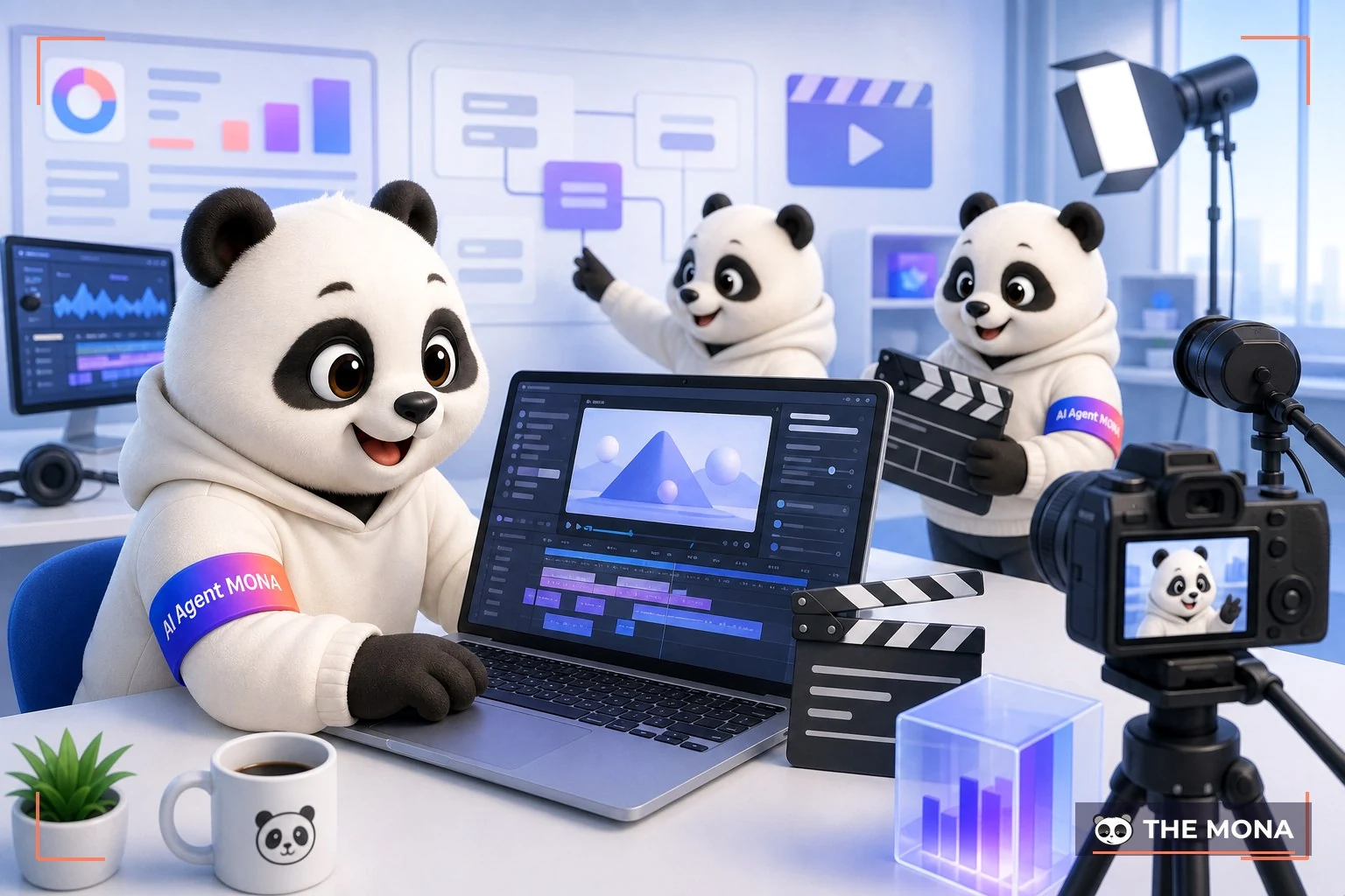Đội gấu MONA đang thực hiện tạo video quảng cáo chỉ trong 15 phút với capcut ai trong bối cảnh làm việc thực tế