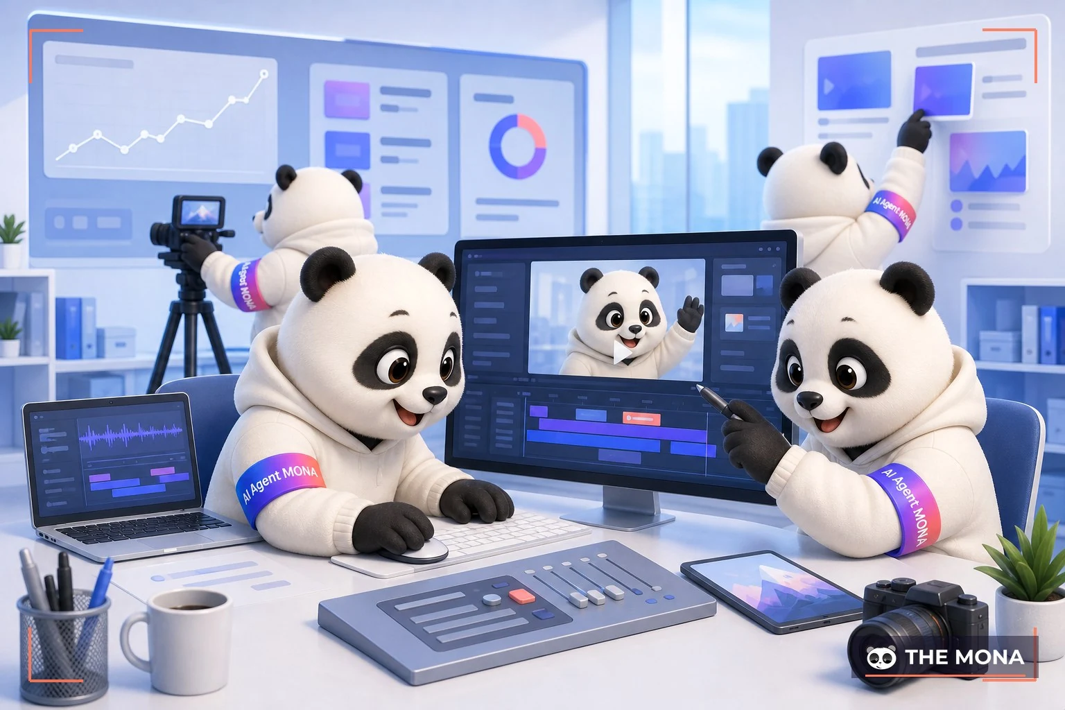 Đội gấu MONA đang thực hiện sử dụng tính năng chỉnh sửa thông minh để thu hút người xem trong bối cảnh làm việc thực tế