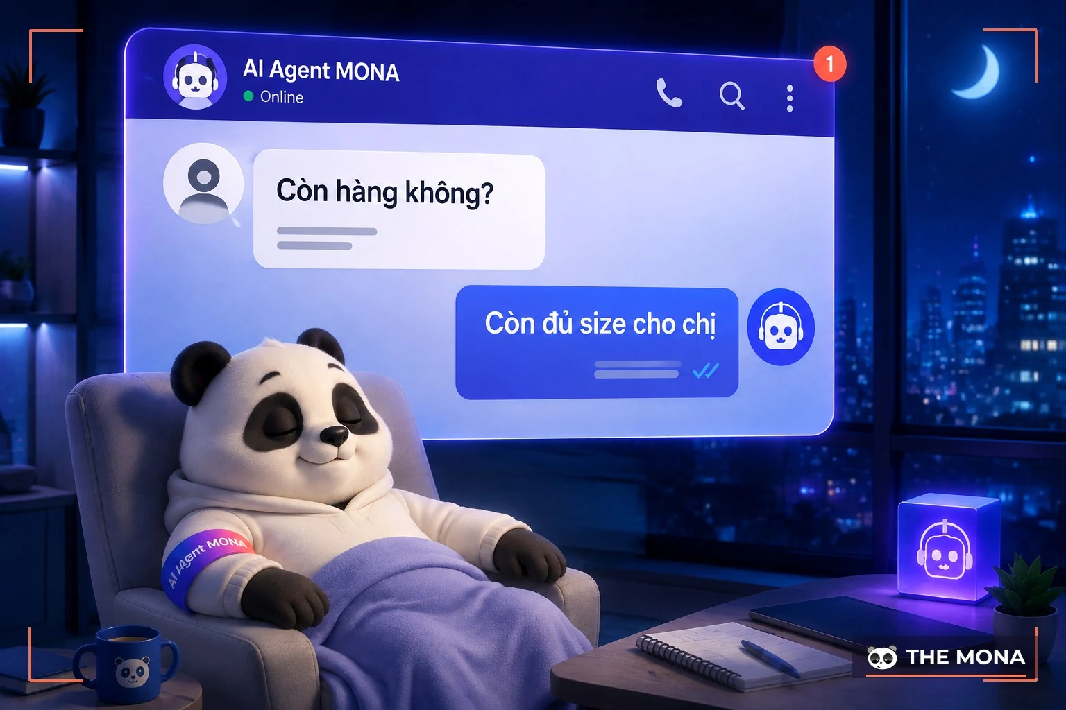 Khung chat tự động trả lời khách hỏi hàng lúc nửa đêm trong khi chủ tiệm kinh doanh một mình ngủ ngon