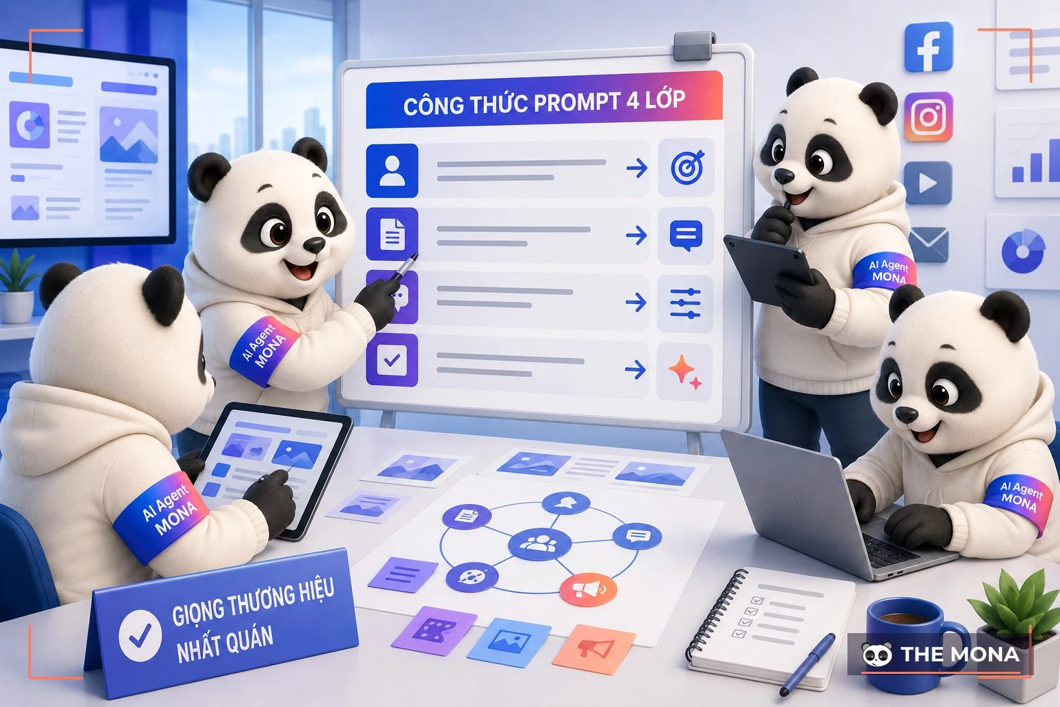 Đội gấu MONA đang thực hiện công thức prompt 4 lớp đảm bảo giọng thương hiệu nhất quán trên mọi kênh trong bối cảnh làm việc thực tế