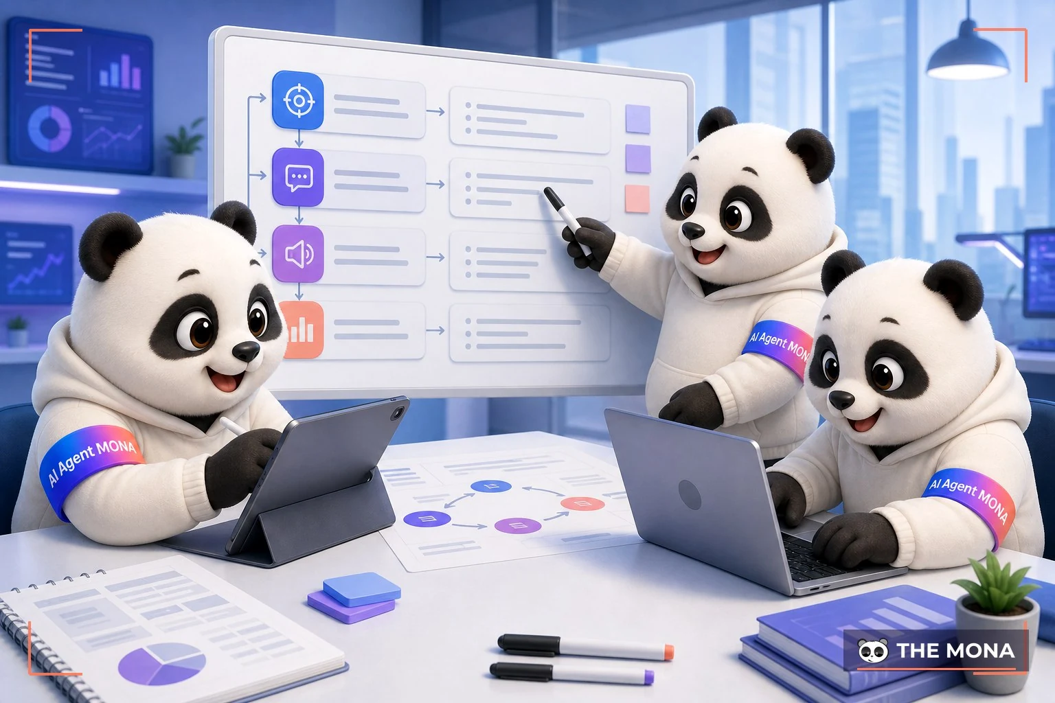 Đội gấu MONA đang thực hiện công thức prompt 4 lớp đảm bảo ai bám sát giọng thương hiệu và mục tiêu truyền thông trong bối cảnh làm việc thực tế