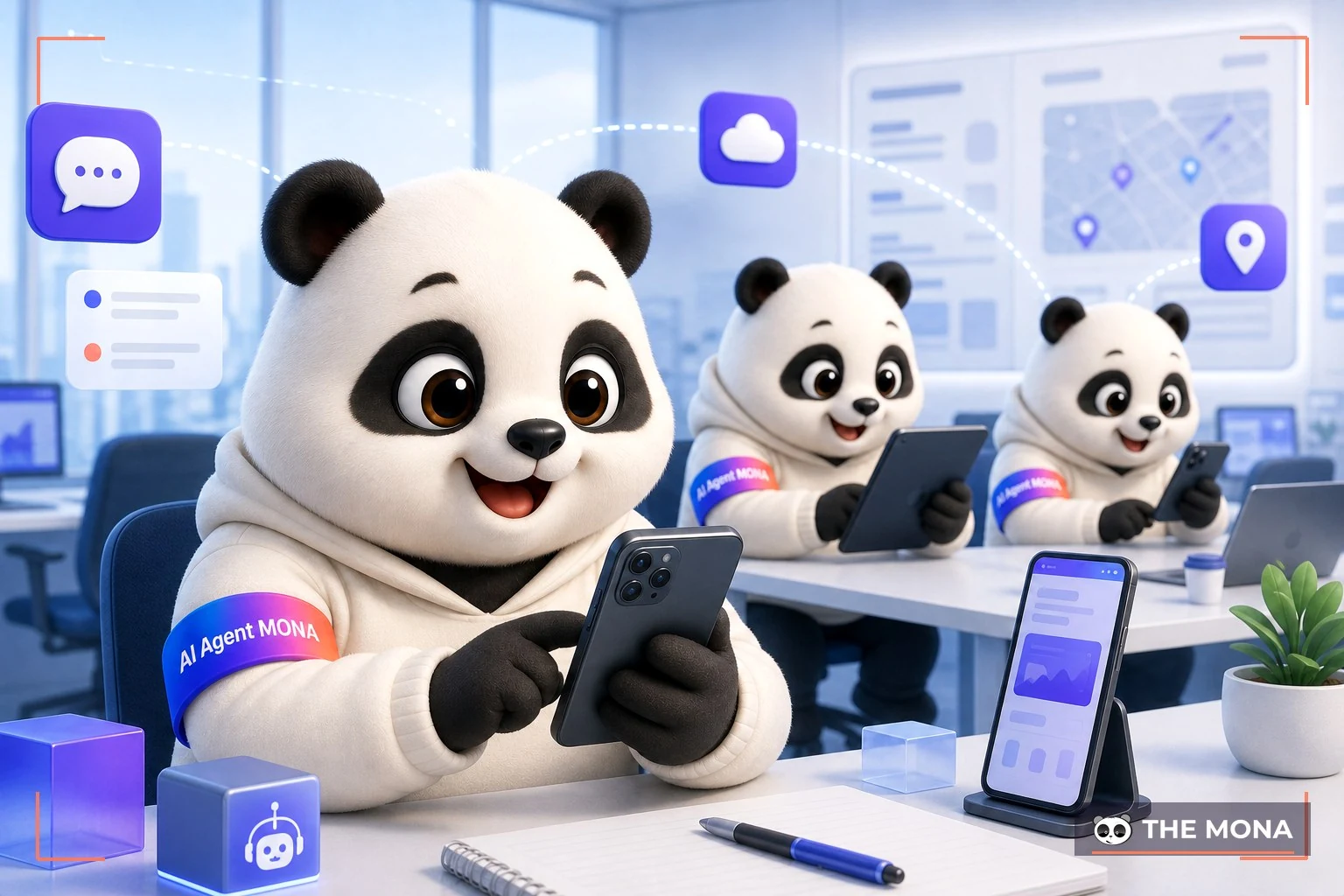 Đội gấu MONA đang thực hiện di động hóa trợ lý ai tăng tốc công việc mọi lúc mọi nơi với chatgpt trên điện thoại trong bối cảnh làm việc thực tế