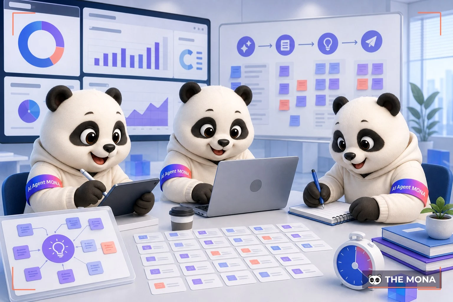 Đội gấu MONA đang thực hiện công thức 3 tầng prompt tạo 30 ý tưởng nội dung social chỉ trong 15 phút trong bối cảnh làm việc thực tế