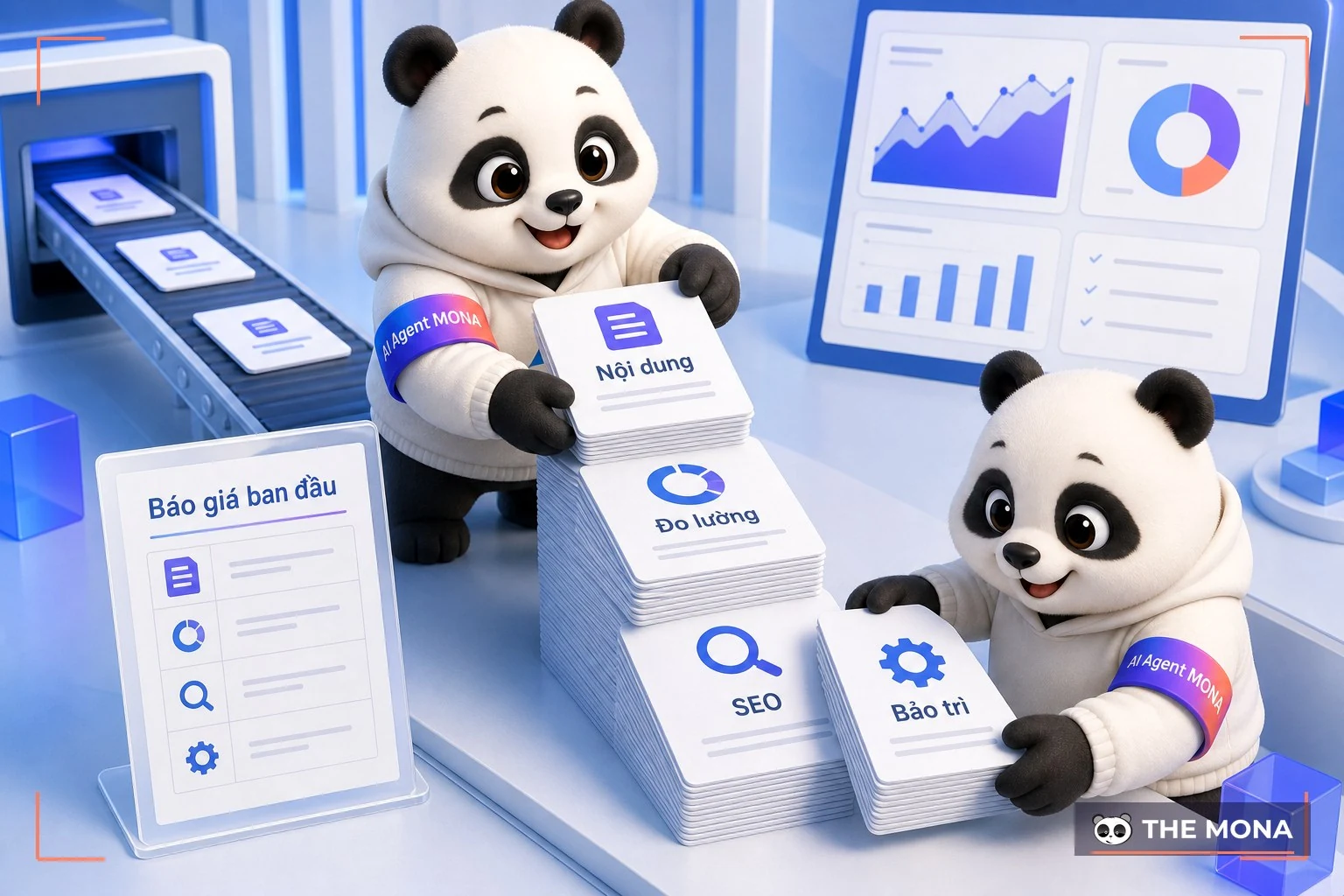Hai gấu MONA xếp các hóa đơn nội dung, đo lường, SEO, bảo trì trả sau