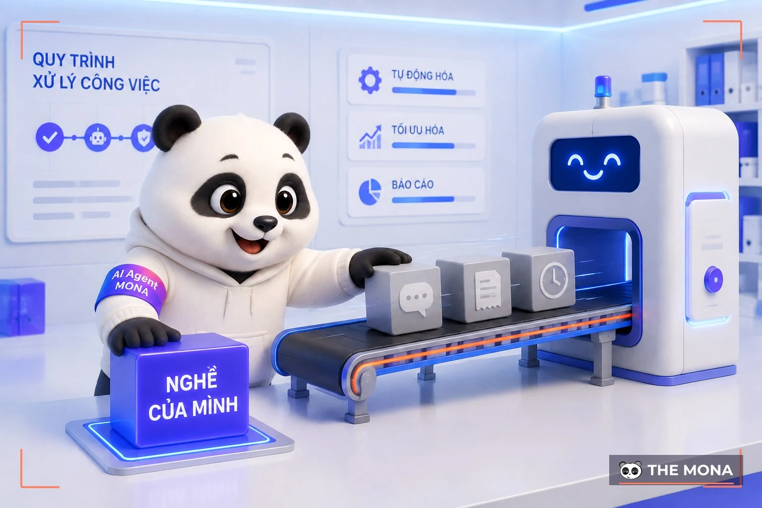 Gấu MONA giữ lại khối việc nghề chính trên bàn và đẩy các việc lặp lại lên băng chuyền cho máy xử lý
