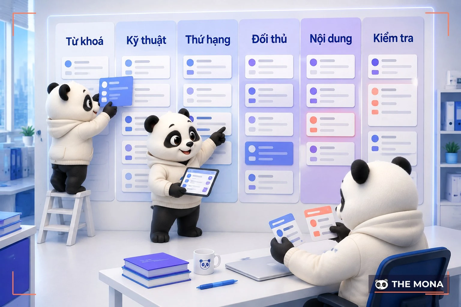 Đội gấu MONA đứng trước bảng kế hoạch xếp thẻ công cụ vào sáu nhóm việc SEO khác nhau