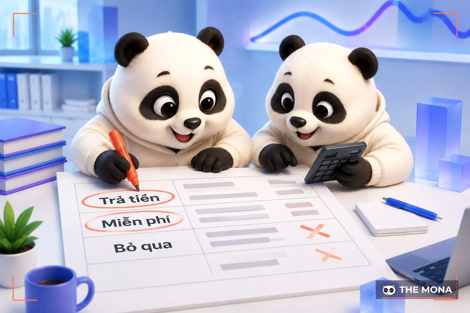 Hai gấu MONA ngồi bàn khoanh tròn khoản phần mềm đáng trả tiền và gạch bỏ khoản chi thừa