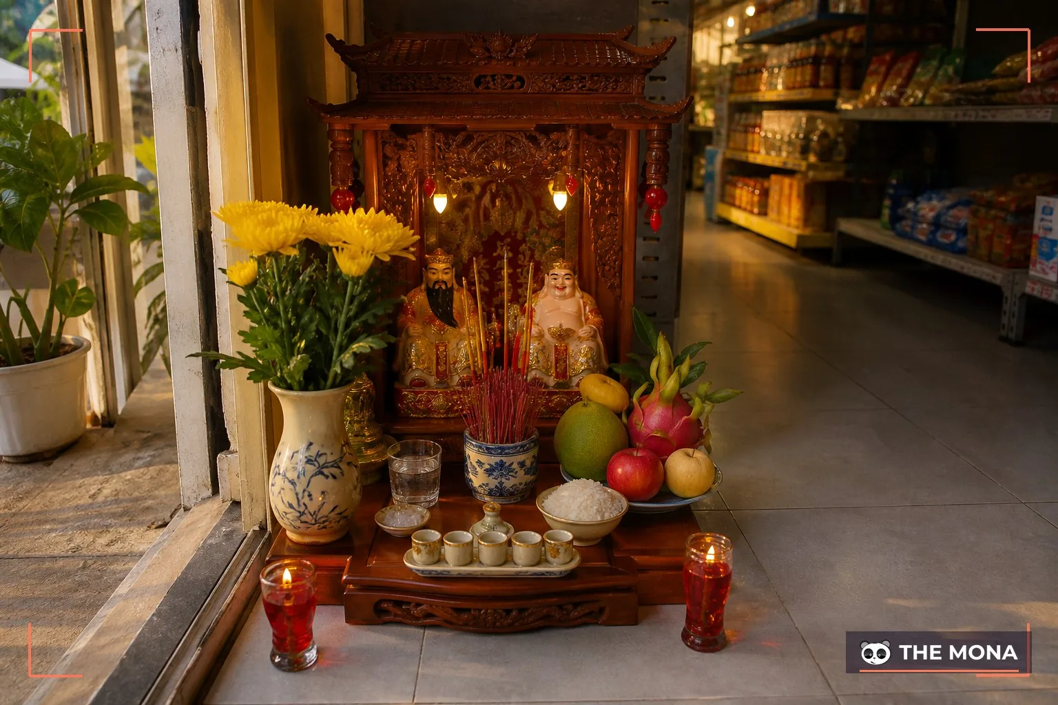 Bàn thờ cúng Thần Tài tại cửa hàng được lau dọn trang nghiêm