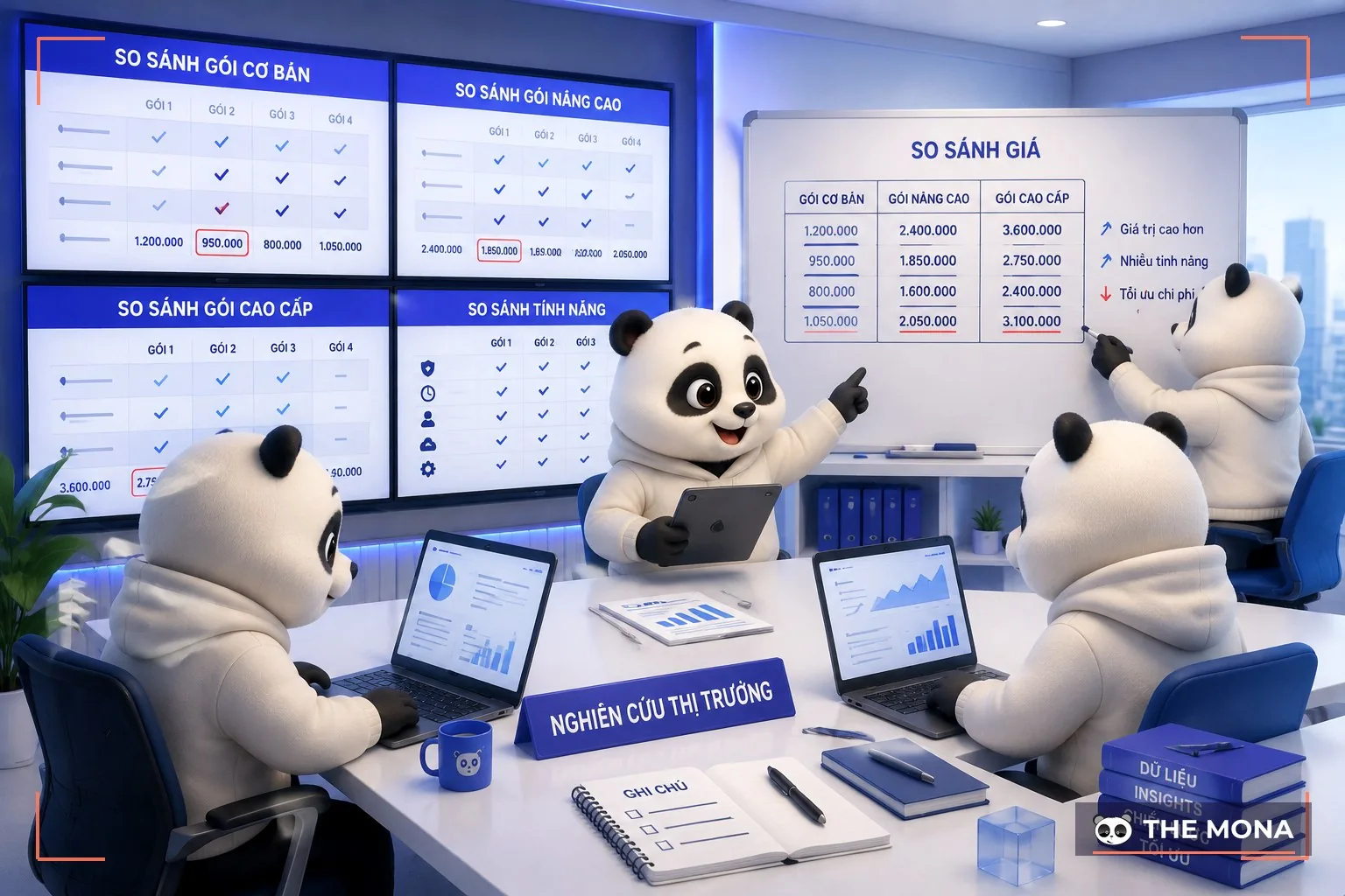 Đội gấu MONA đối chiếu bốn bảng giá SEO trên màn hình