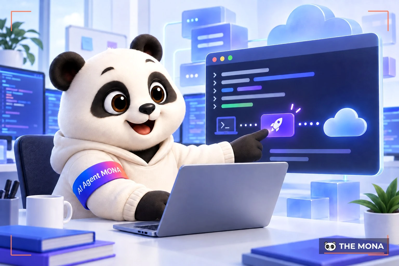 gấu ai agent mona đang gõ lệnh deploy lên heroku