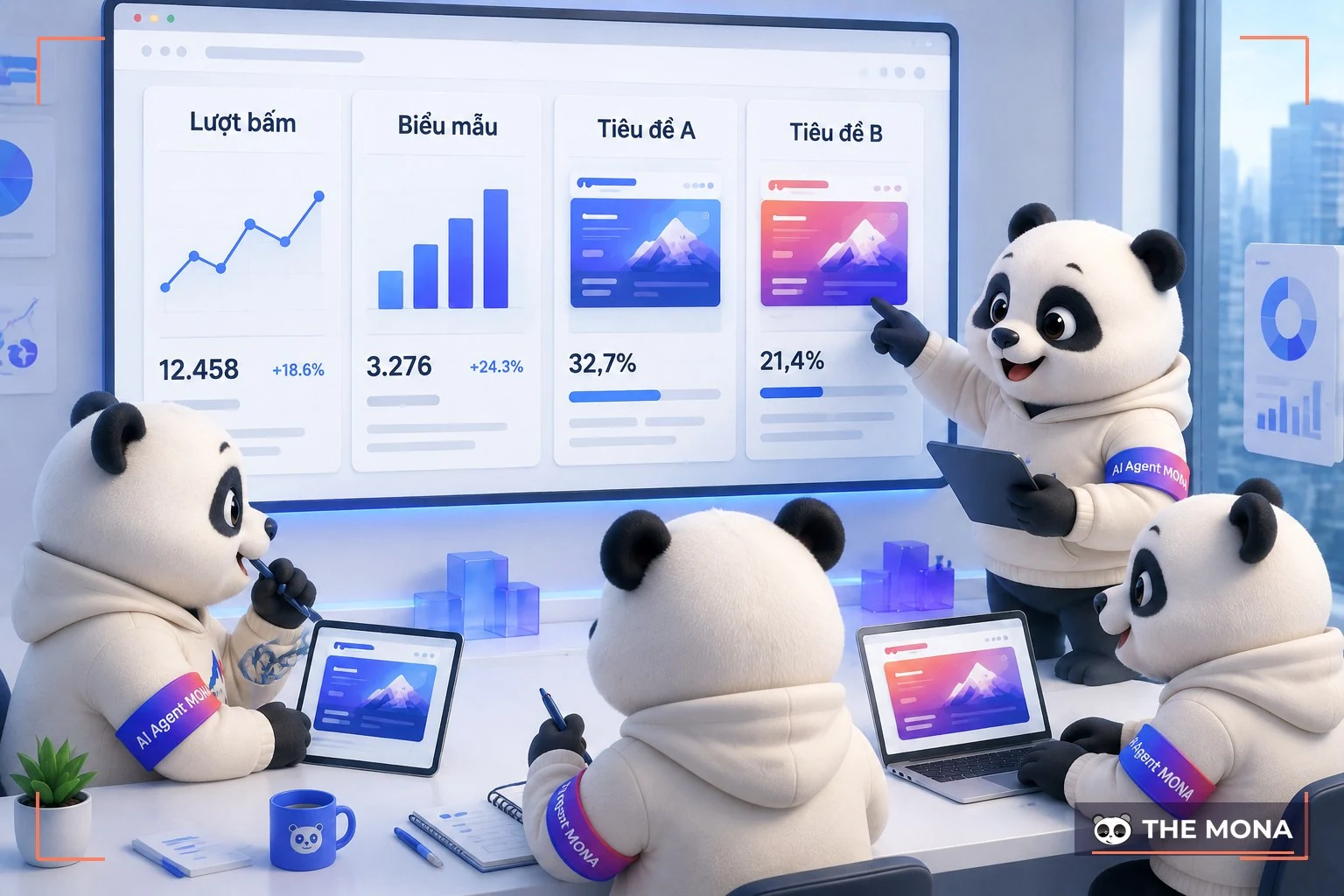 Đội gấu MONA đọc bảng số lượt bấm và hai bản tiêu đề thử nghiệm