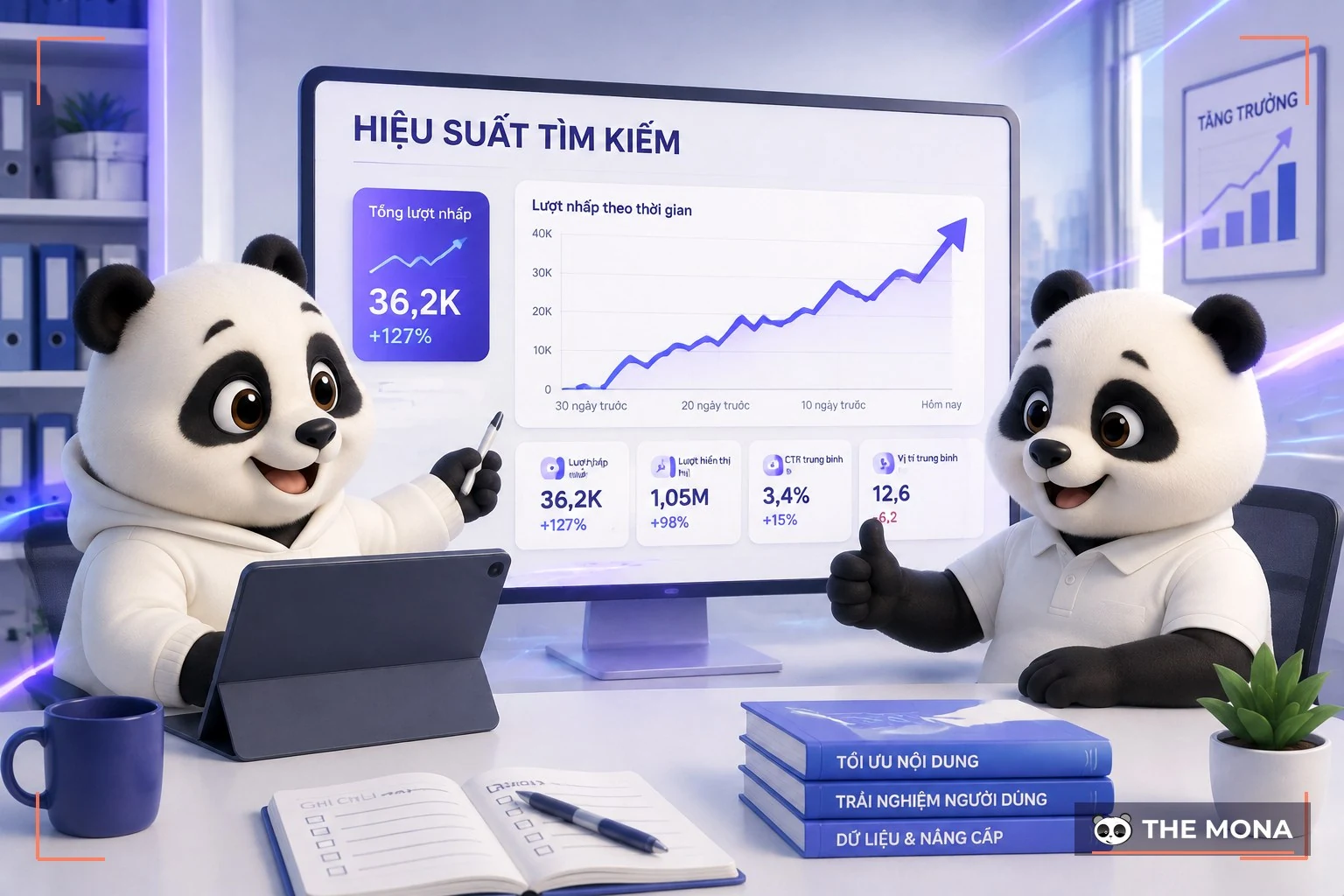 Hai gấu nhìn đồ thị Search Console tăng trưởng đều