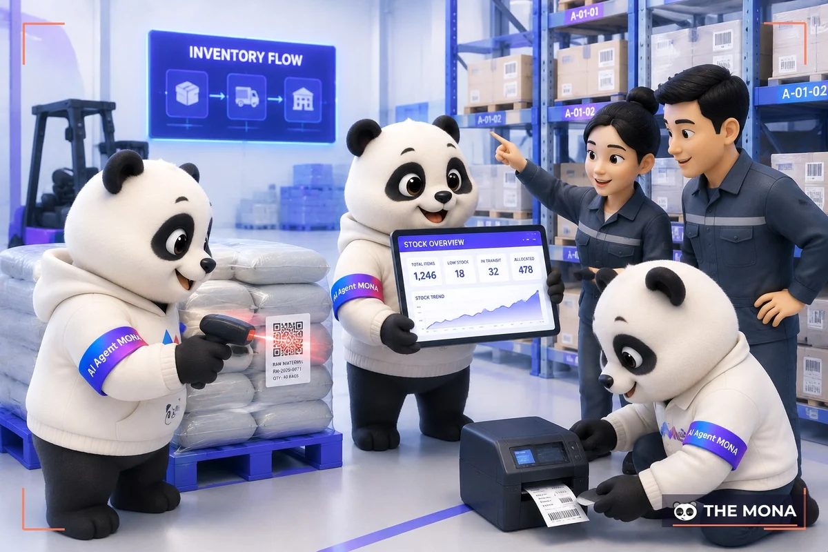Đội gấu MONA quét mã QR vật tư và kiểm tồn kho cùng nhân sự nhà máy