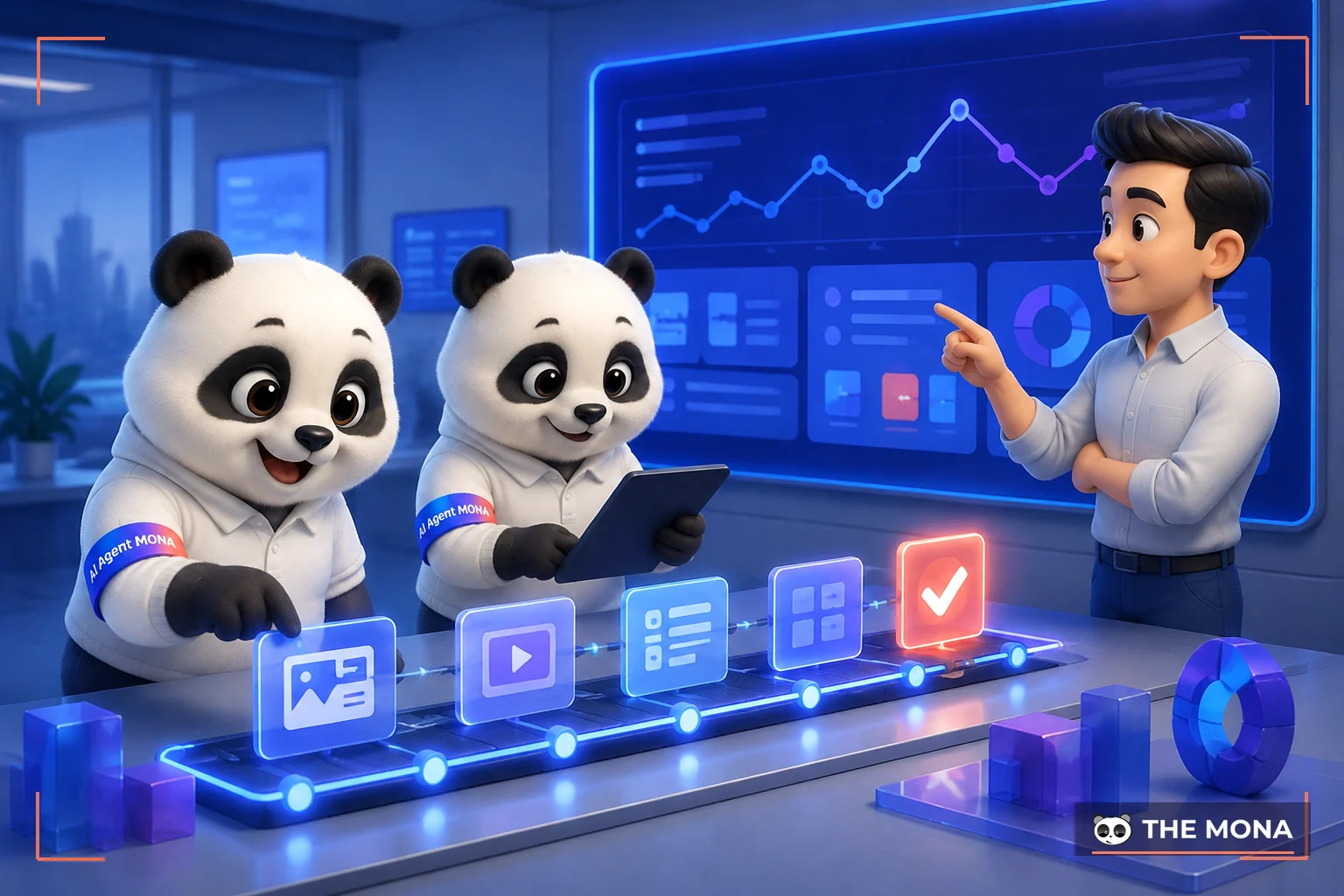 Đội gấu MONA và chuyên viên SEO cùng làm việc trước màn hình quy trình tự động