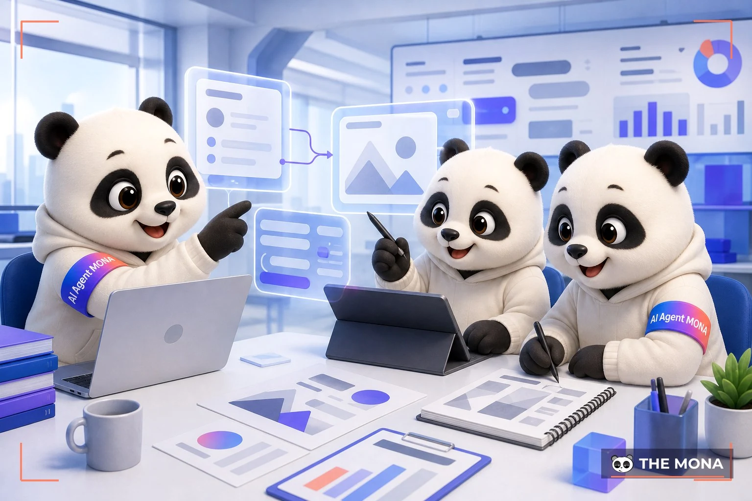 Đội gấu MONA đang thực hiện ra lệnh thông minh tạo prompt hiệu quả cho ideogram trong bối cảnh làm việc thực tế