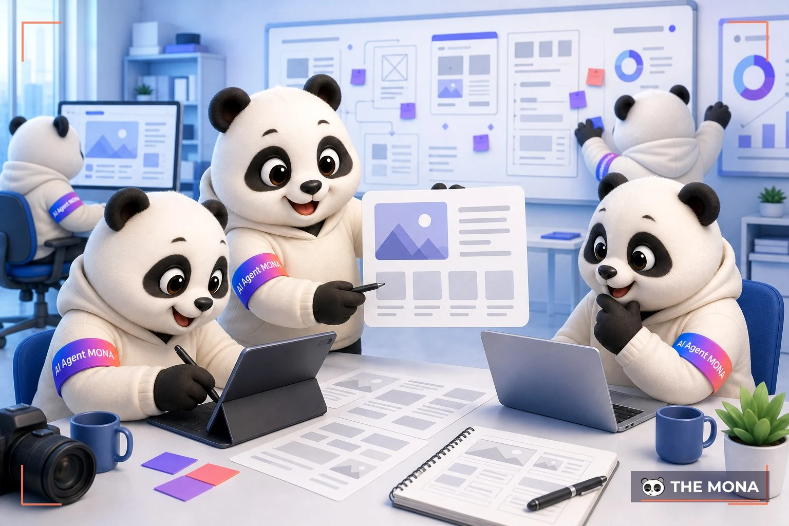 Đội gấu MONA đang thực hiện bí quyết viết nội dung hấp dẫn tích hợp hình ảnh với văn bản trong bối cảnh làm việc thực tế