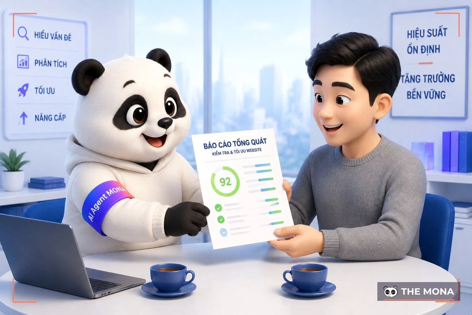 Gấu MONA bàn giao báo cáo audit kỹ thuật với điểm số rõ ràng cho chủ website xem tại bàn họp
